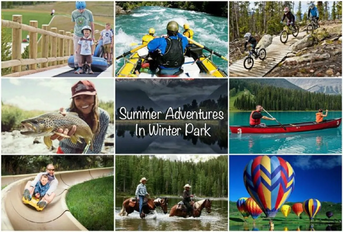 A lively scene of families and children enjoying a variety of outdoor activities—rafting, biking, fishing, boating, horse riding, and even hot air ballooning—amidst beautiful nature scenery. The image conveys the excitement and diversity of experiences available nearby.