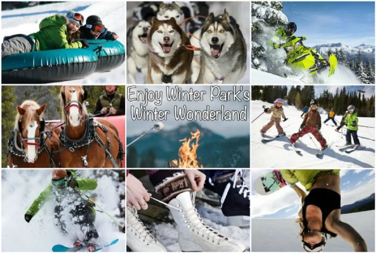 A vibrant winter scene featuring people joyfully tubing down a snowy hill, huskies pulling a sled, skiers and snowboarders in action, children playing in the snow, a cozy campfire, and ice skates. The landscape is blanketed in snow, capturing the thrill and variety of winter activities available nearby.